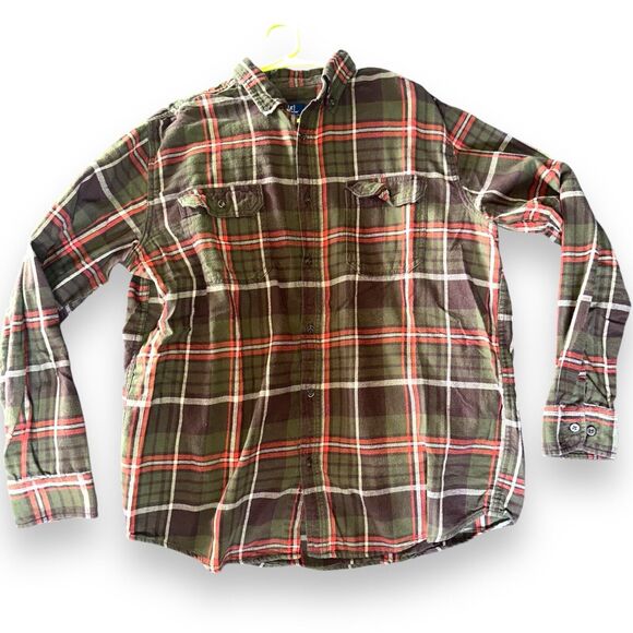 Long Sleeve Checkered Plaid Button Down Flannel Mens Large Green Red Lumberjack - Picture 11 of 16